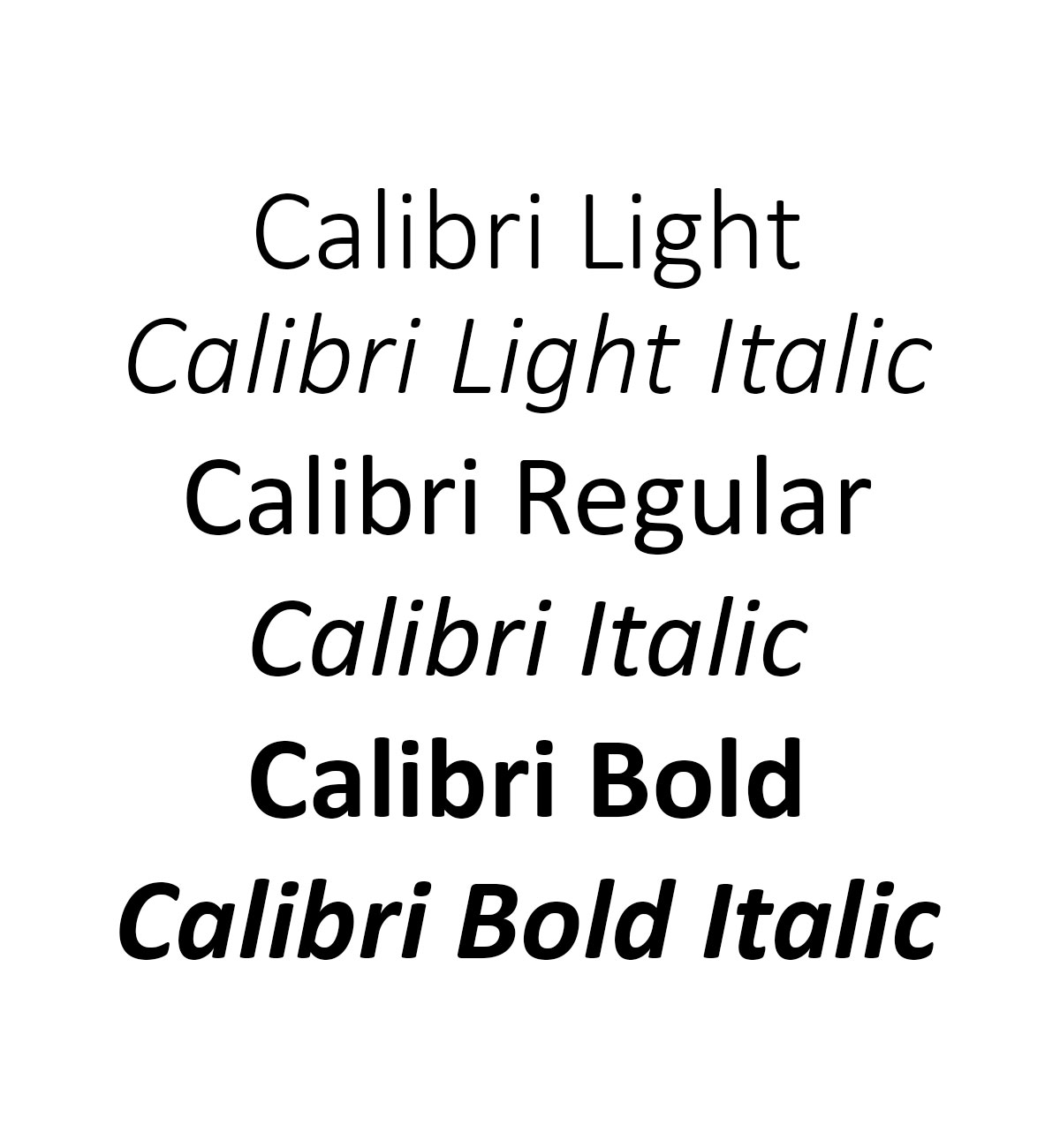 Calibri in verschiedenen Schriften: Light, Light Italic, Regular, Italic, Bold, Bold Italic