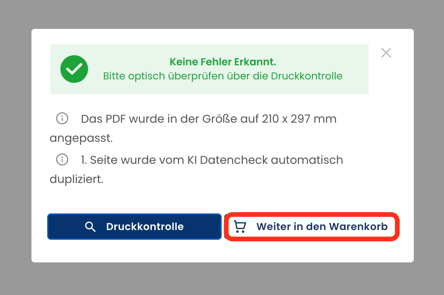 Screenshot von "Weiter in den Warenkorb"