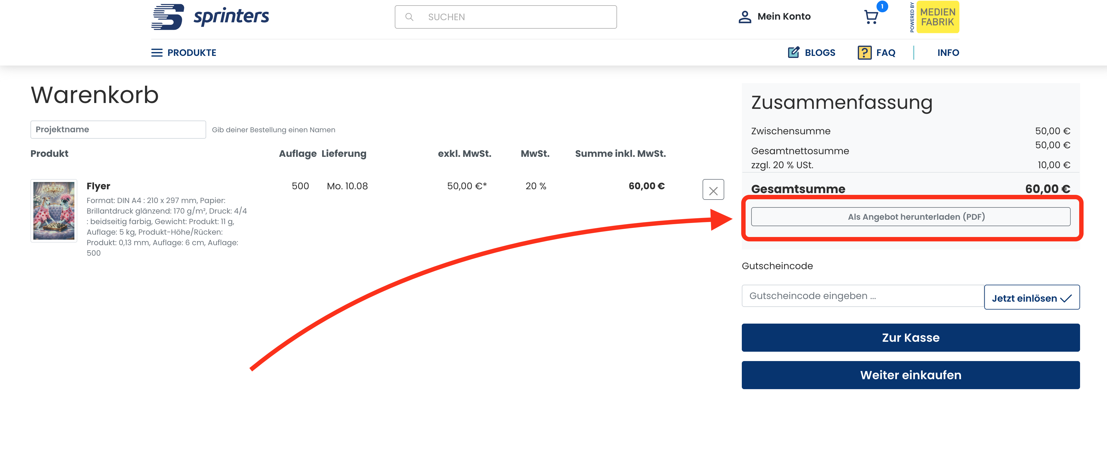 Screenshot vom Warenkorb mit dem "Als Angebot herunterladen (PDF)" Button makiert