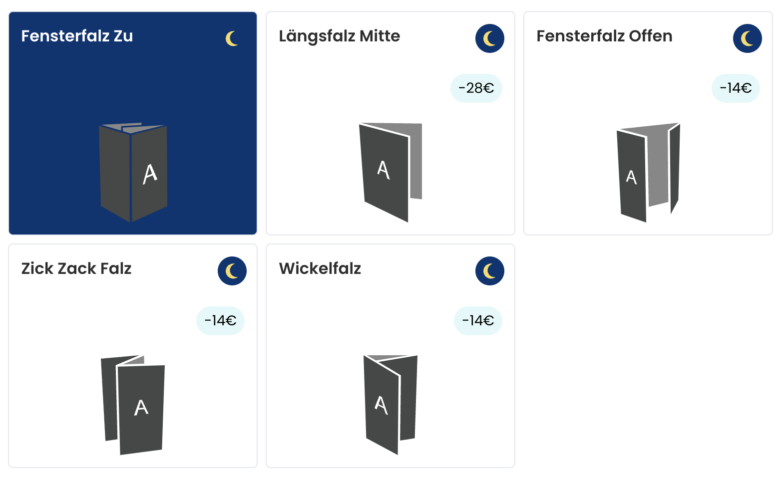 Ausschnitt aus dem Online-Shop welche alle Falzarten des Faltprospekt zeigt