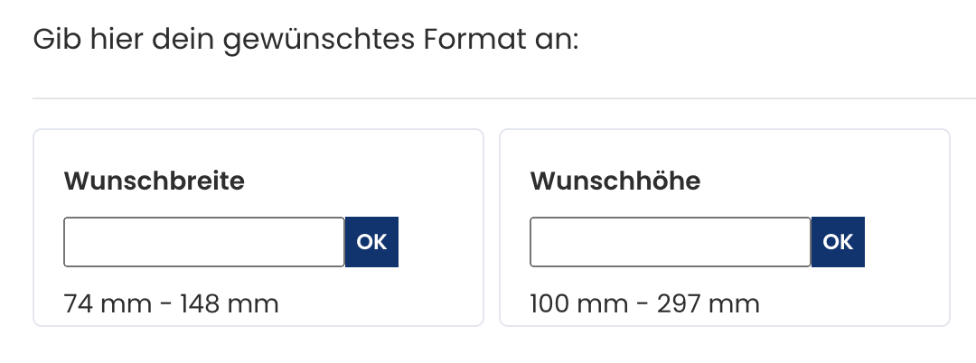 Ausschnitt Online Shop Wunschformat eingeben