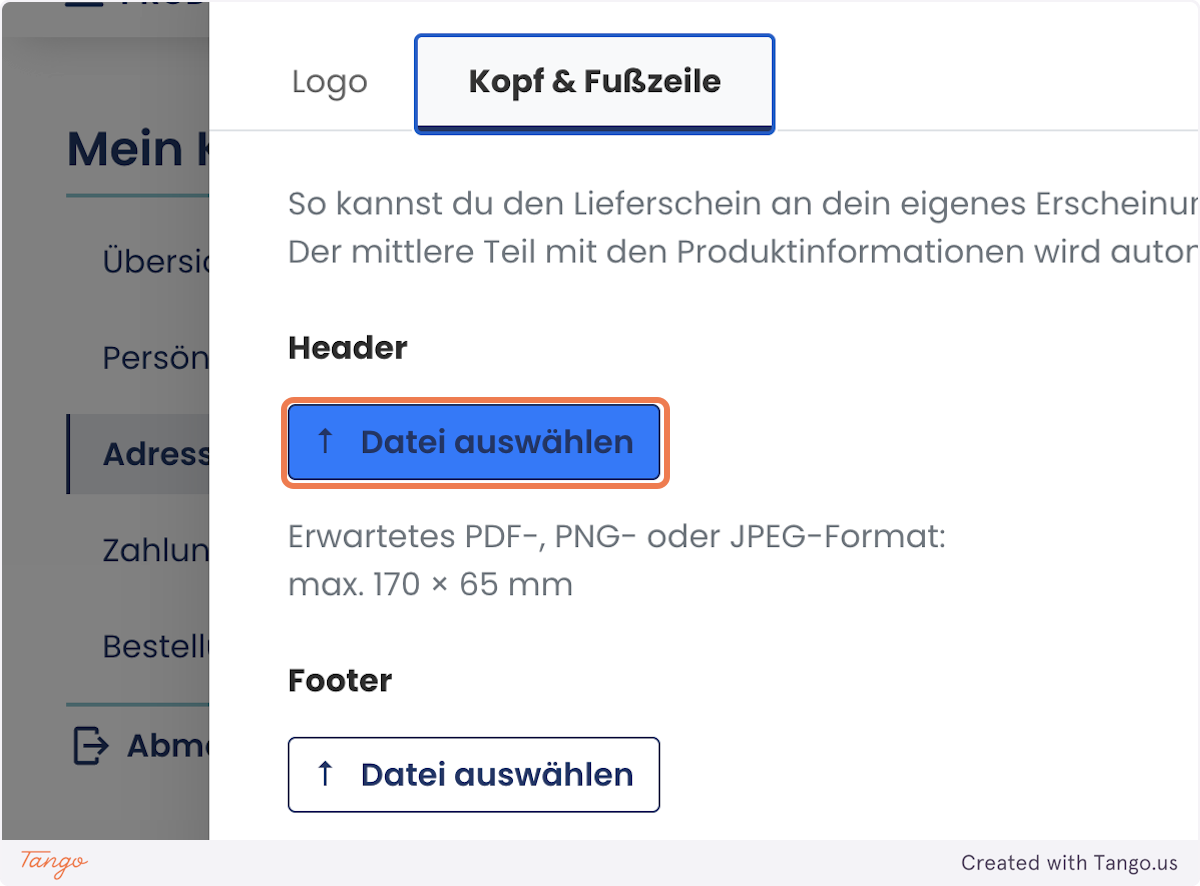 Screenshot wie man die Kopf und Fußzeile hochladet, Schritt 2