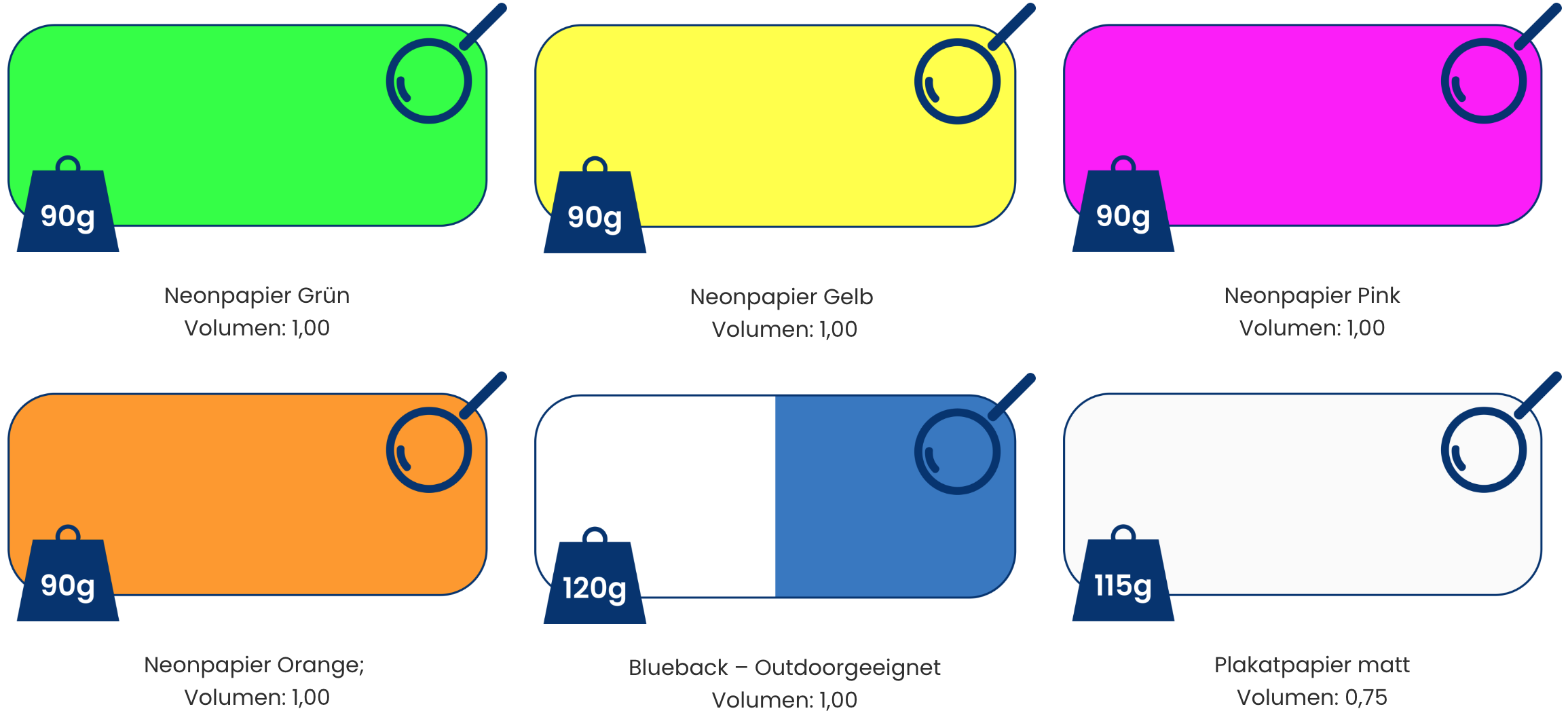 Darstellung von Plakatpapier in: Grün, Gelb, Pink, Orange, Blueback - Outdoor, Weiß Matt