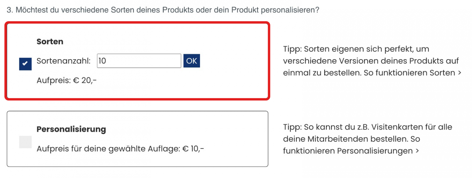 Screenshot von der Sortenauswahl im Konfigurator