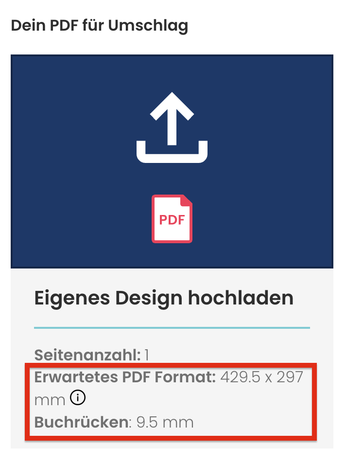 Ausschnitt Online-Shop des Upload-Feld zeigt Format und Buchrücken Dimensionen