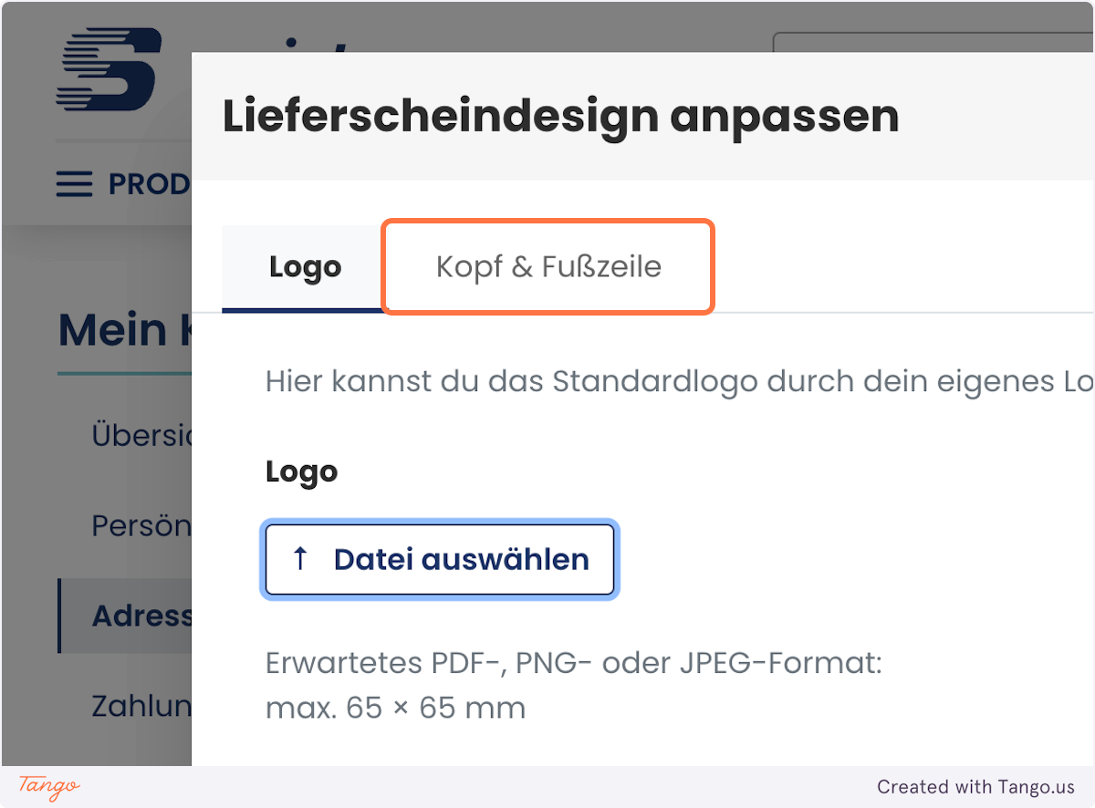 Screenshot wie man die Kopf und Fußzeile hochladet