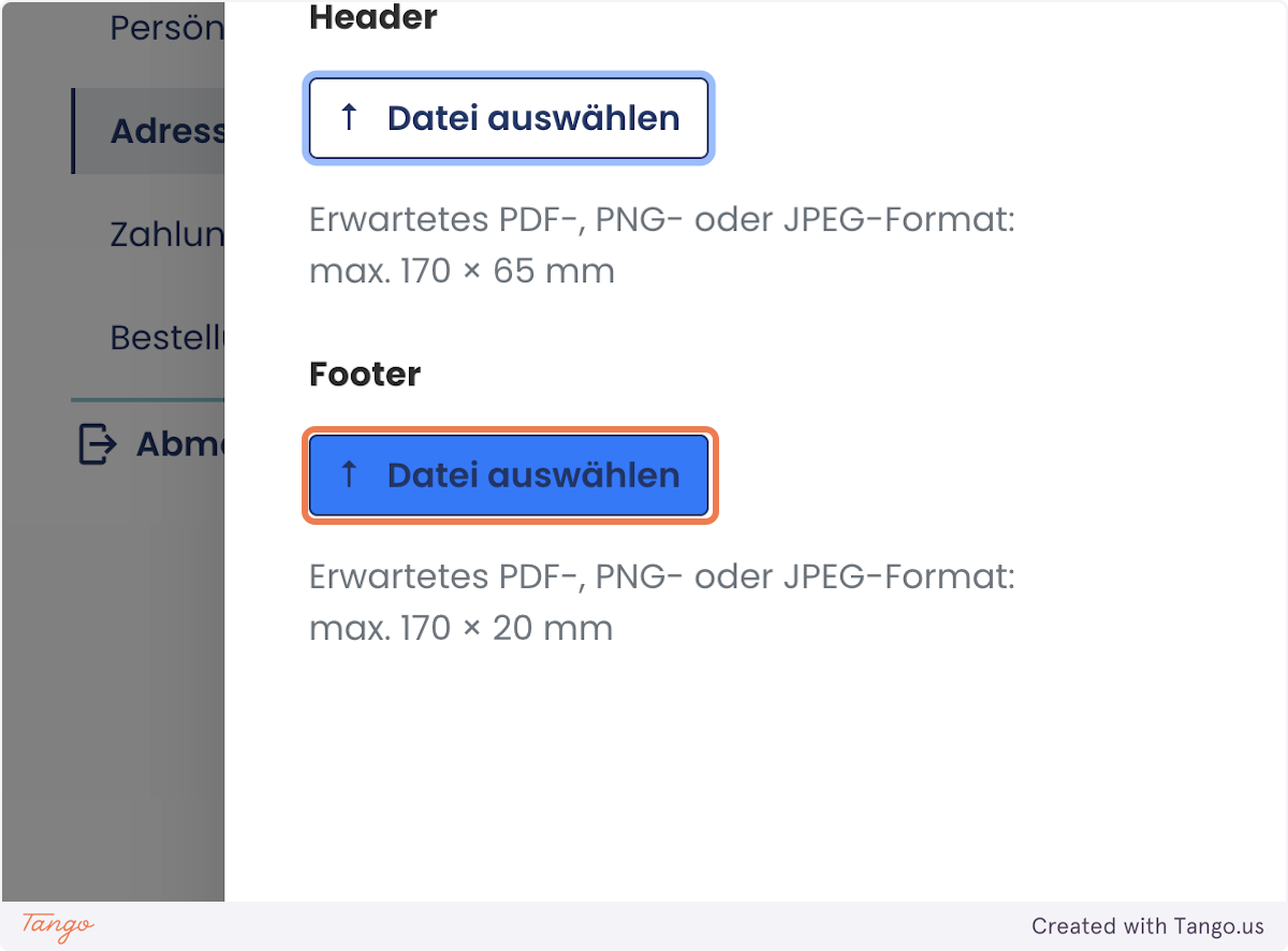 Screenshot wie man die Kopf und Fußzeile hochladet, Schritt 3