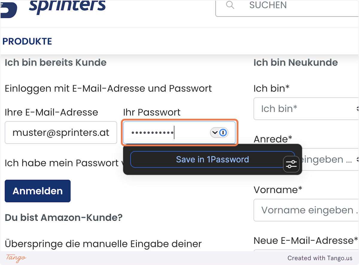 Screenshot vom Anmeldeformular