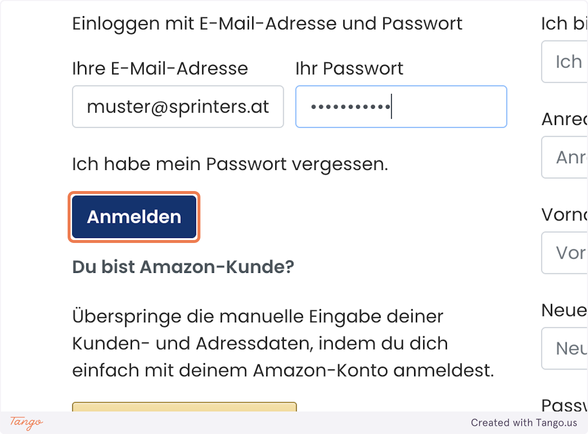 Screenshot von dem Anmeldenbutton nach dem Formular